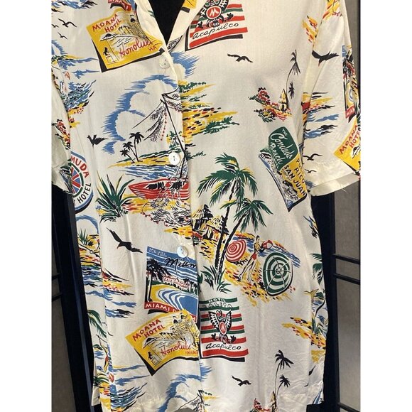 Vintage CLIO Button Down Shirt Sz L Multicolor Palm Trees Tropical Travel - Picture 2 of 10